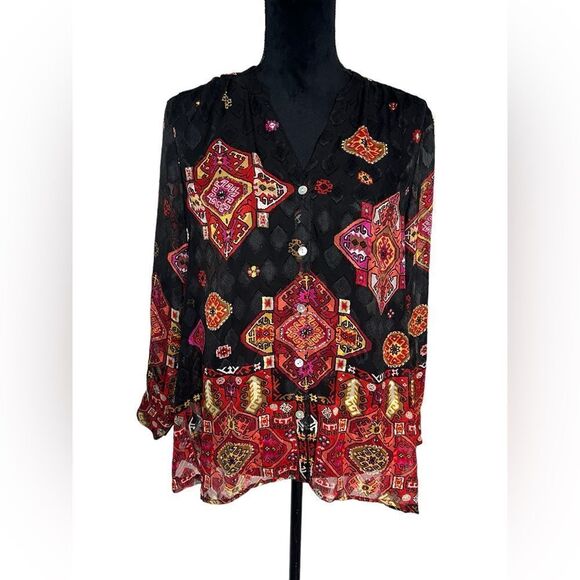 KATE SPADE BLACK/RED/PINK MEDALLION BUTTON UP ELEGANT BLOUSE WOMENS SIZE MEDIUM - Picture 7 of 10